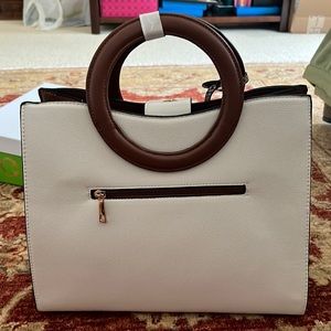 Ivory and brown two tone handbag with top handle and strap